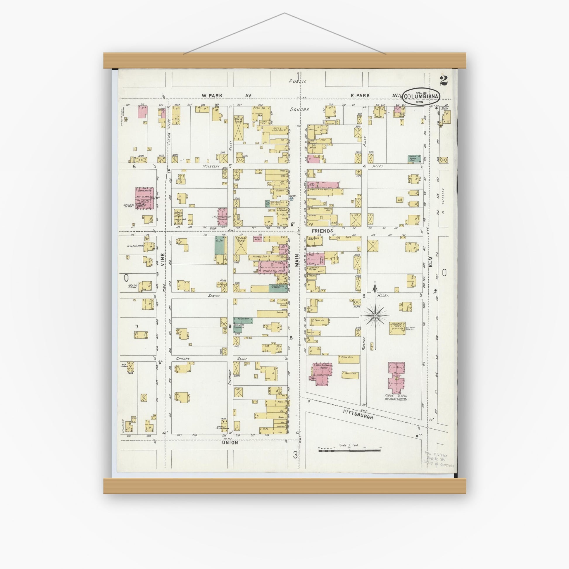 Old map wall art mockup — magnetic wood frame on white wall — Sanborn Fire Insurance Map from Columbiana, Columbiana County, Ohio (1901), Sheet #0002