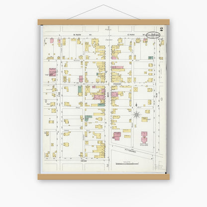 Old map wall art mockup — magnetic wood frame on white wall — Sanborn Fire Insurance Map from Columbiana, Columbiana County, Ohio (1901), Sheet #0002