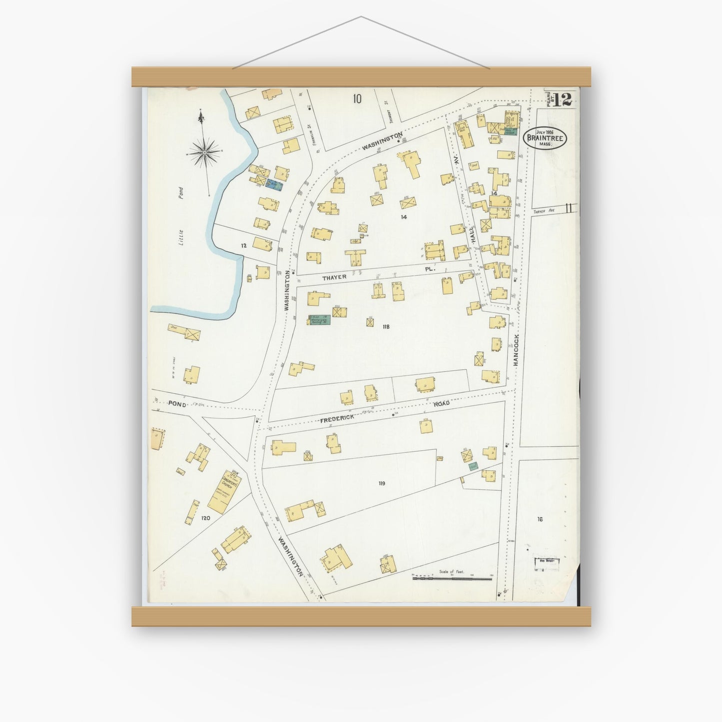 Old map wall art mockup — magnetic wood frame on white wall — Sanborn Fire Insurance Map from Braintree, Norfolk County, Massachusetts (1906), Sheet #0012