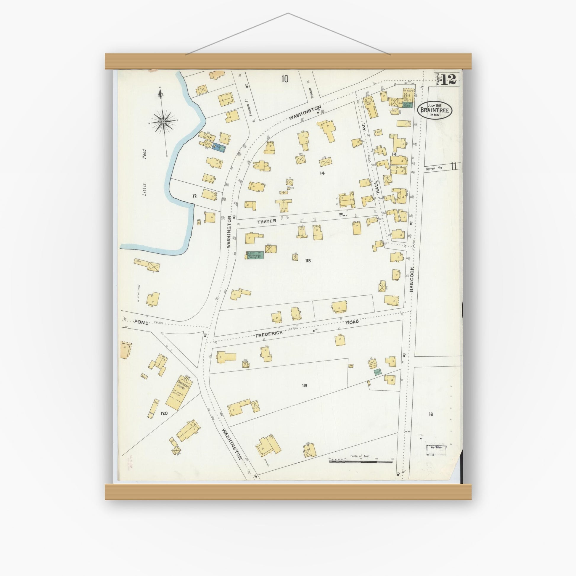 Old map wall art mockup — magnetic wood frame on white wall — Sanborn Fire Insurance Map from Braintree, Norfolk County, Massachusetts (1906), Sheet #0012
