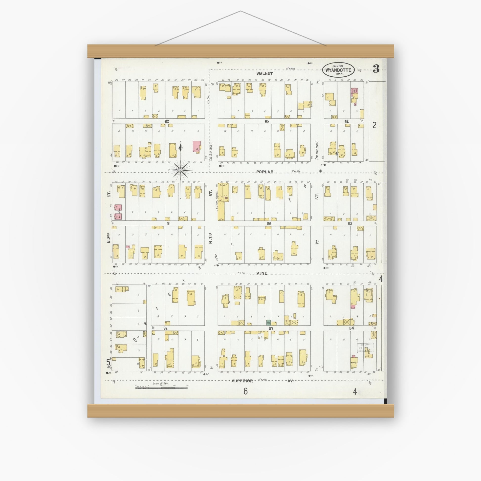 Old map wall art mockup — magnetic wood frame on white wall — Sanborn Fire Insurance Map from Wyandotte, Wayne County, Michigan (1900), Sheet #0003