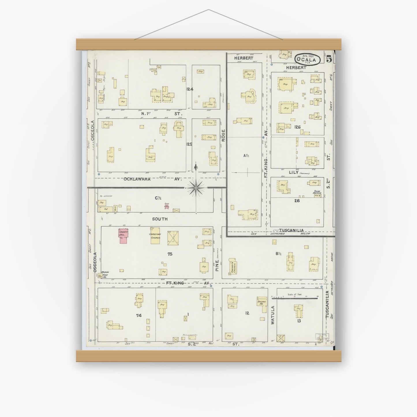 Old map wall art mockup — magnetic wood frame on white wall — Sanborn Fire Insurance Map from Ocala, Marion County, Florida (1891), Sheet #0005