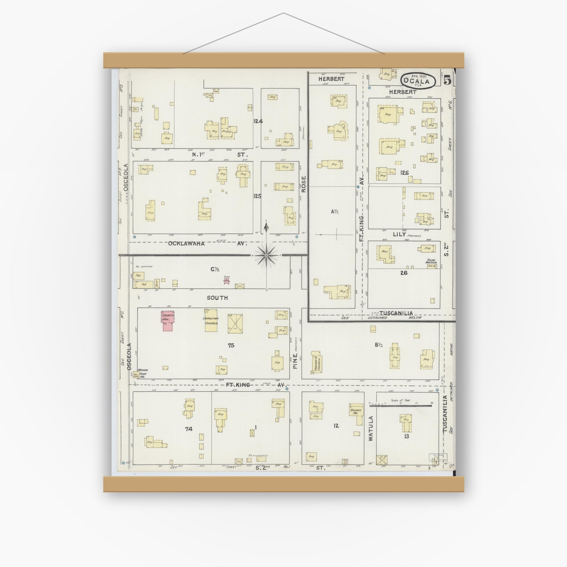 Old map wall art mockup — magnetic wood frame on white wall — Sanborn Fire Insurance Map from Ocala, Marion County, Florida (1891), Sheet #0005