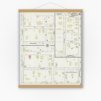 Old map wall art mockup — magnetic wood frame on white wall — Sanborn Fire Insurance Map from Ocala, Marion County, Florida (1891), Sheet #0005