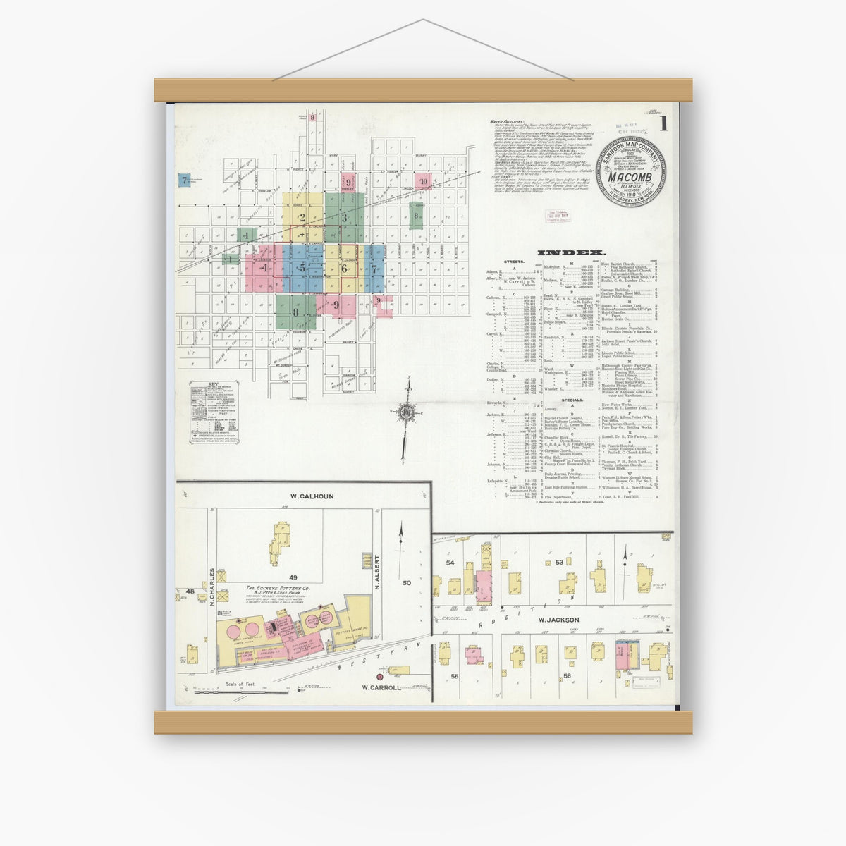 Old map wall art mockup — magnetic wood frame on white wall — Sanborn Fire Insurance Map from Macomb, Mcdonough County, Illinois (1910) - Complete Map Set