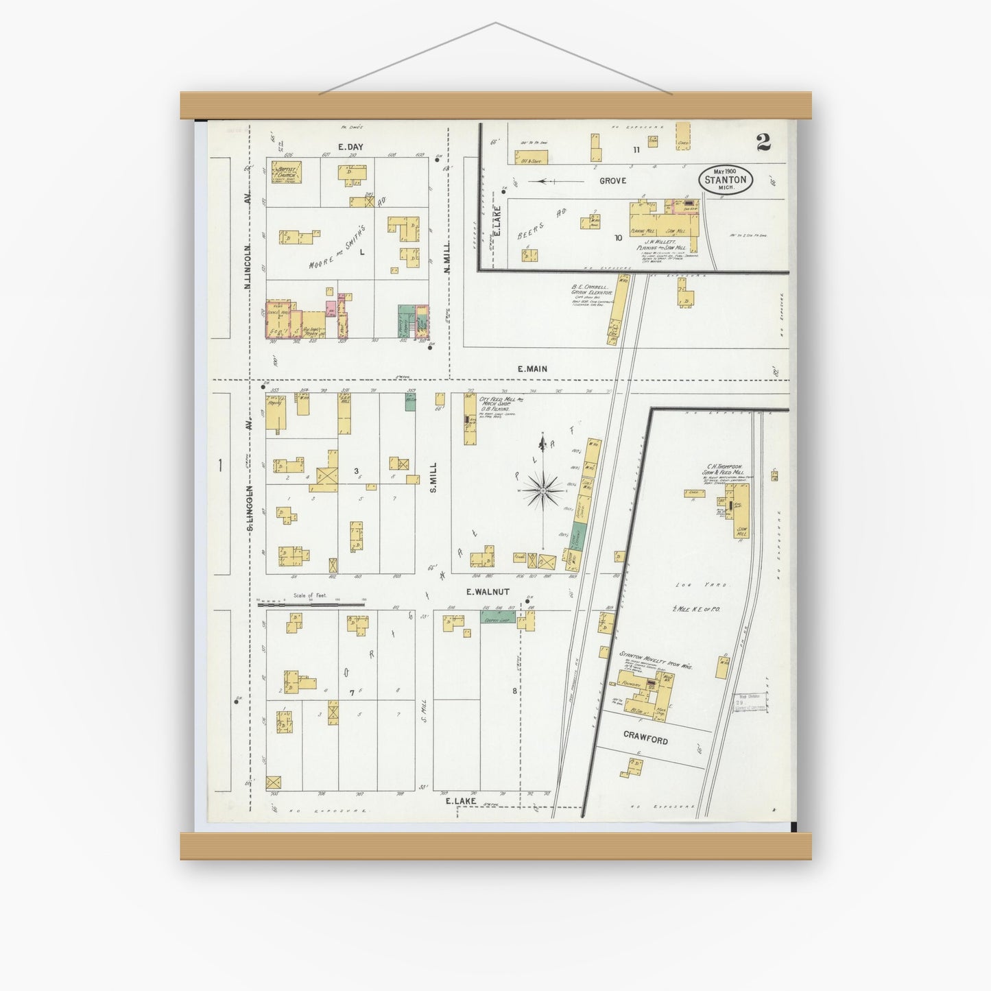 Old map wall art mockup — magnetic wood frame on white wall — Sanborn Fire Insurance Map from Stanton, Montcalm County, Michigan (1900), Sheet #0002