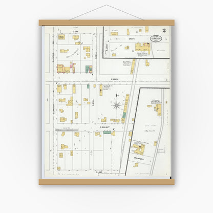 Old map wall art mockup — magnetic wood frame on white wall — Sanborn Fire Insurance Map from Stanton, Montcalm County, Michigan (1900), Sheet #0002