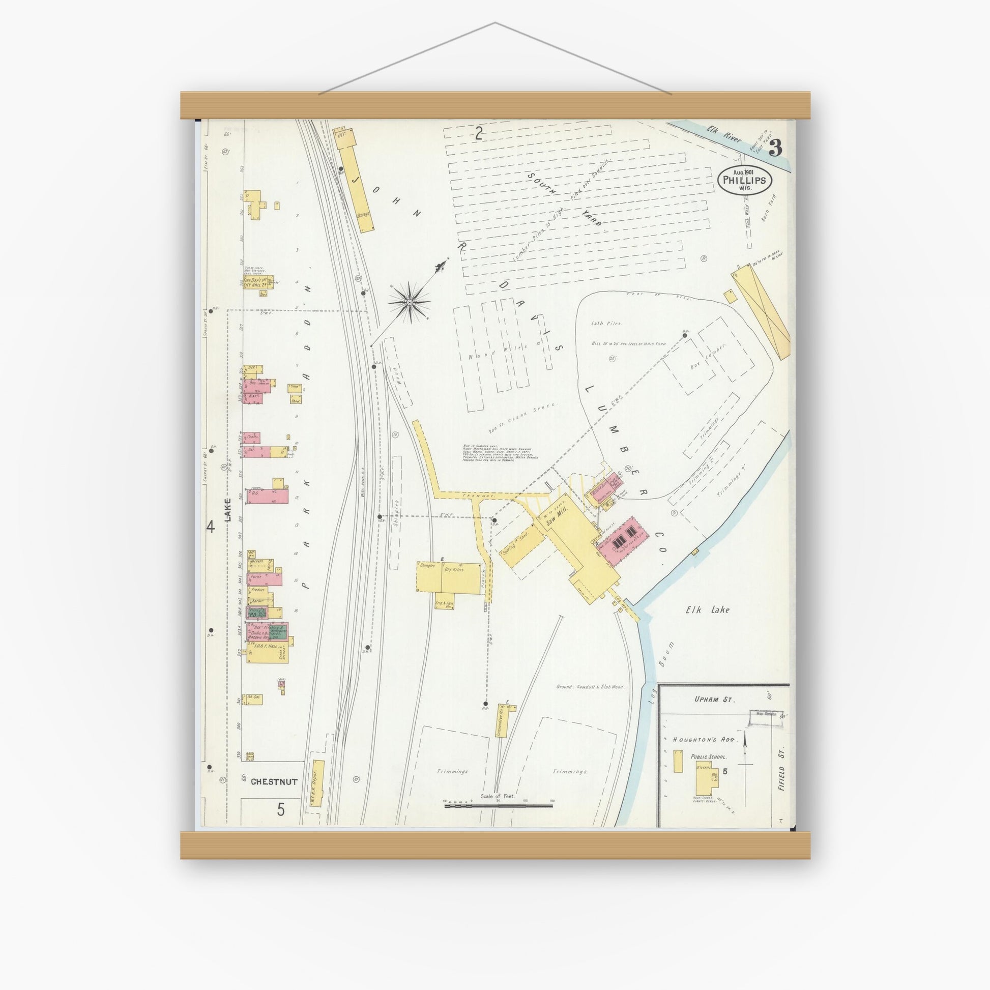 Old map wall art mockup — magnetic wood frame on white wall — Sanborn Fire Insurance Map from Phillips, Price County, Wisconsin (1901), Sheet #0003