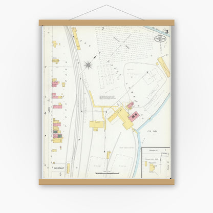 Old map wall art mockup — magnetic wood frame on white wall — Sanborn Fire Insurance Map from Phillips, Price County, Wisconsin (1901), Sheet #0003