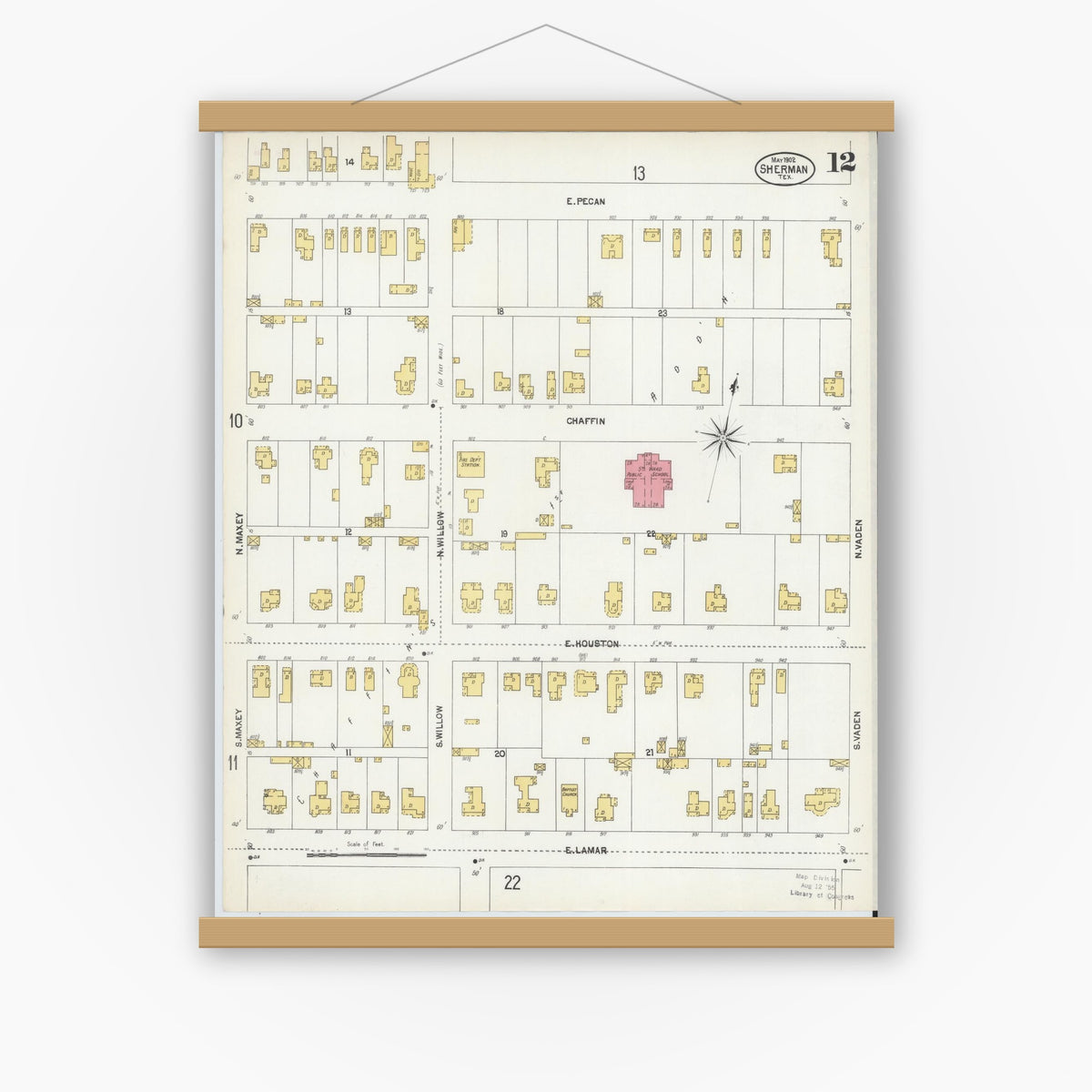 Old map wall art mockup — magnetic wood frame on white wall — Sanborn Fire Insurance Map from Sherman, Grayson County, Texas (1902), Sheet #0012