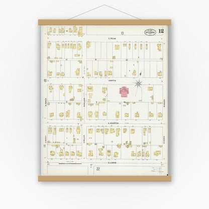 Old map wall art mockup — magnetic wood frame on white wall — Sanborn Fire Insurance Map from Sherman, Grayson County, Texas (1902), Sheet #0012
