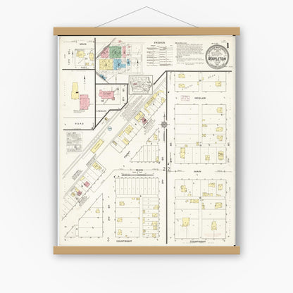 Old map wall art mockup — magnetic wood frame on white wall — Sanborn Fire Insurance Map from Mapleton, Monona County, Iowa (1915), Sheet #0001