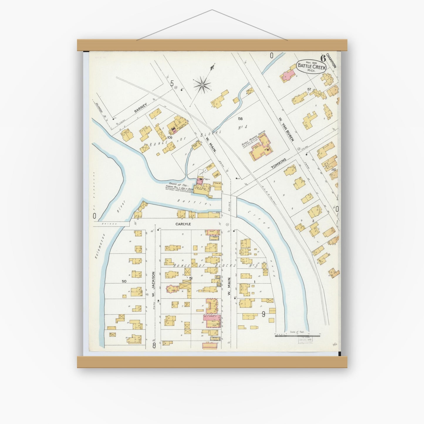 Old map wall art mockup — magnetic wood frame on white wall — Sanborn Fire Insurance Map from Battle Creek, Calhoun County, Michigan (1899), Sheet #0006