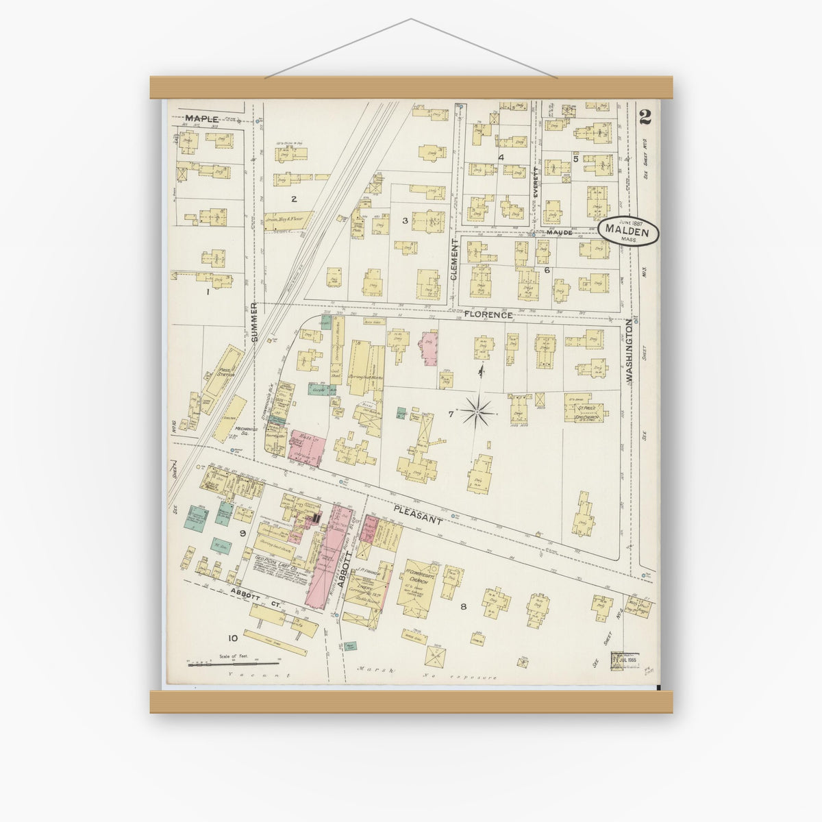 Old map wall art mockup — magnetic wood frame on white wall — Sanborn Fire Insurance Map from Malden, Middlesex County, Massachusetts (1887), Sheet #0002