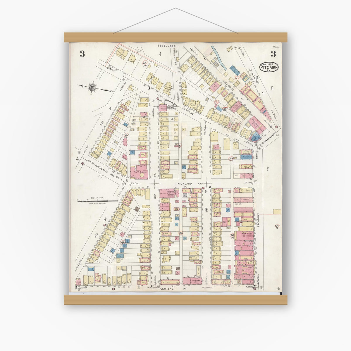 Old map wall art mockup — magnetic wood frame on white wall — Sanborn Fire Insurance Map from Pitcairn, Allegheny County, Pennsylvania (1948), Sheet #0003