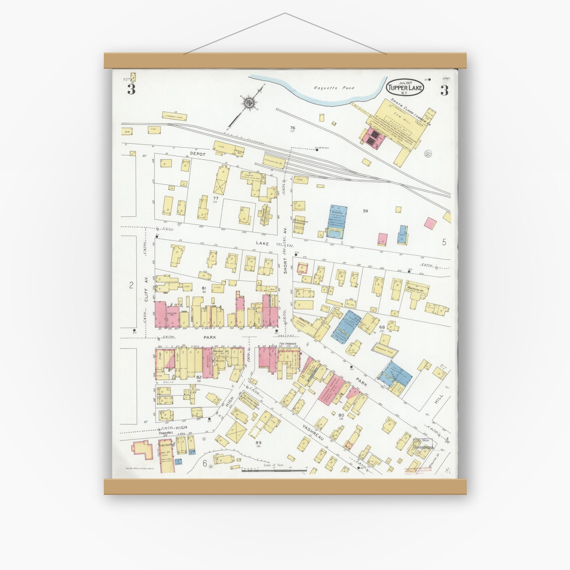 Old map wall art mockup — magnetic wood frame on white wall — Sanborn Fire Insurance Map from Tupper Lake, Franklin County, New York (1927), Sheet #0003