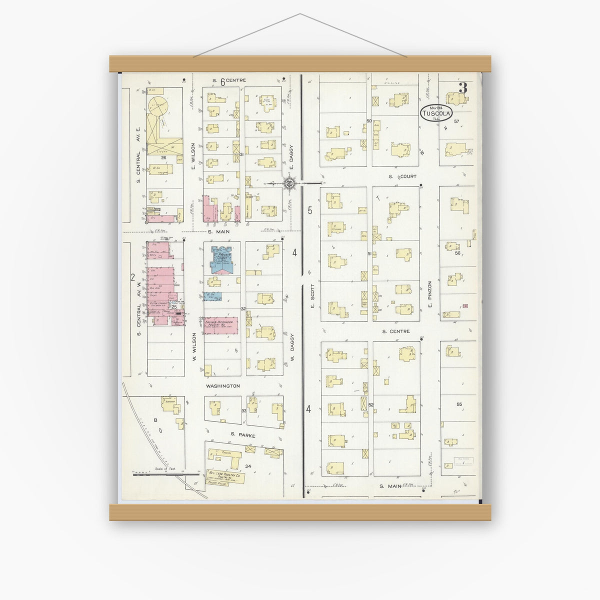 Old map wall art mockup — magnetic wood frame on white wall — Sanborn Fire Insurance Map from Tuscola, Douglas County, Illinois (1914), Sheet #0003