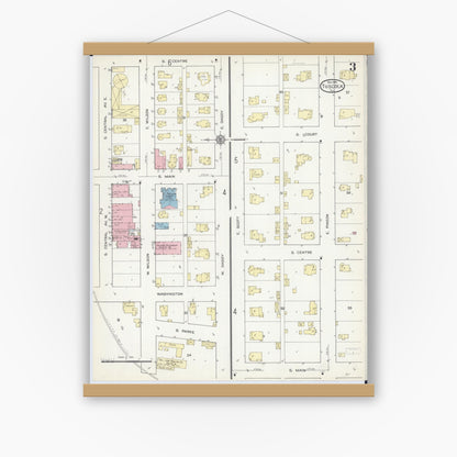 Old map wall art mockup — magnetic wood frame on white wall — Sanborn Fire Insurance Map from Tuscola, Douglas County, Illinois (1914), Sheet #0003