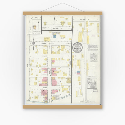 Old map wall art mockup — magnetic wood frame on white wall — Sanborn Fire Insurance Map from Monticello, Green County, Wisconsin (1912), Sheet #0001