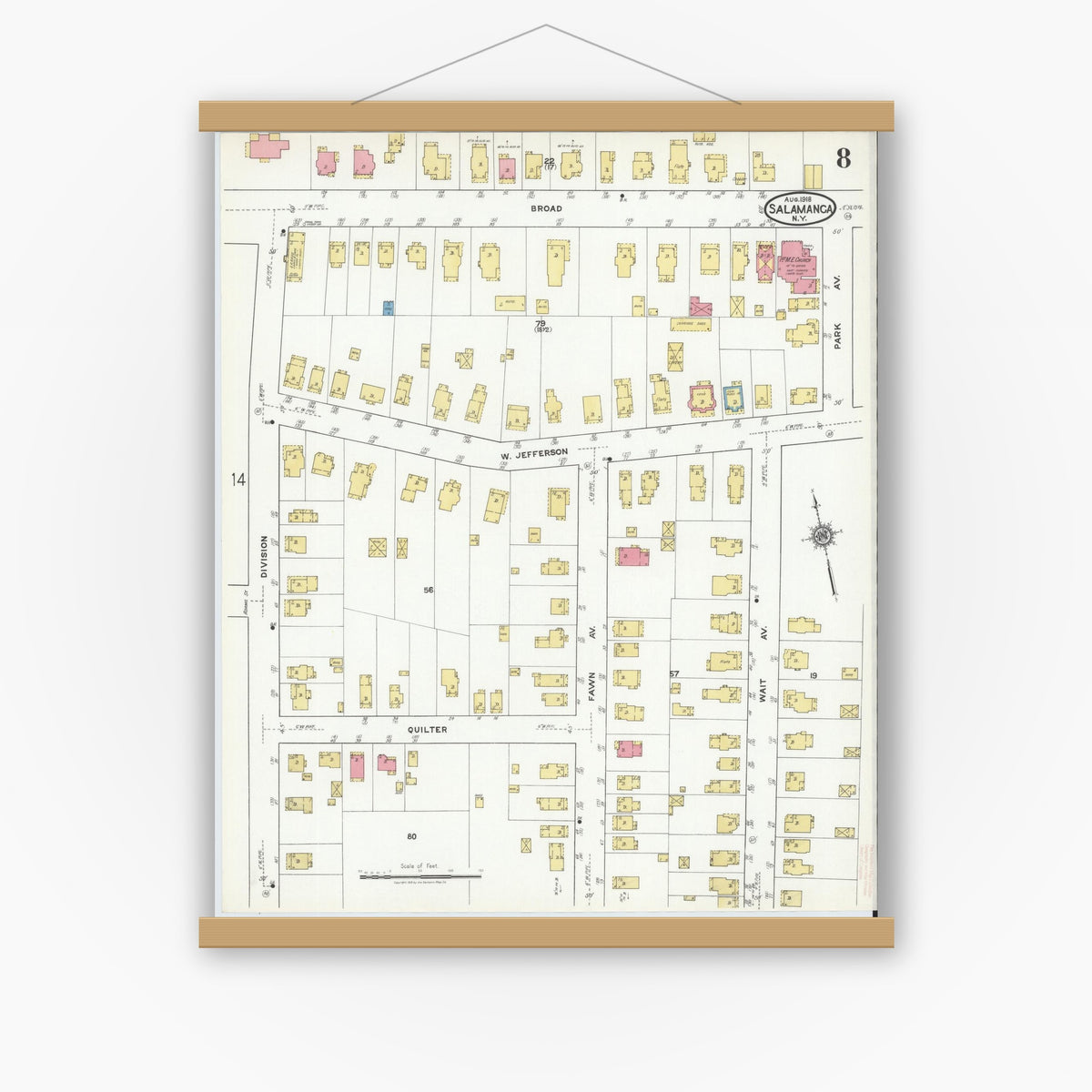 Old map wall art mockup — magnetic wood frame on white wall — Sanborn Fire Insurance Map from Salamanca, Cattaraugus County, New York (1918), Sheet #0008