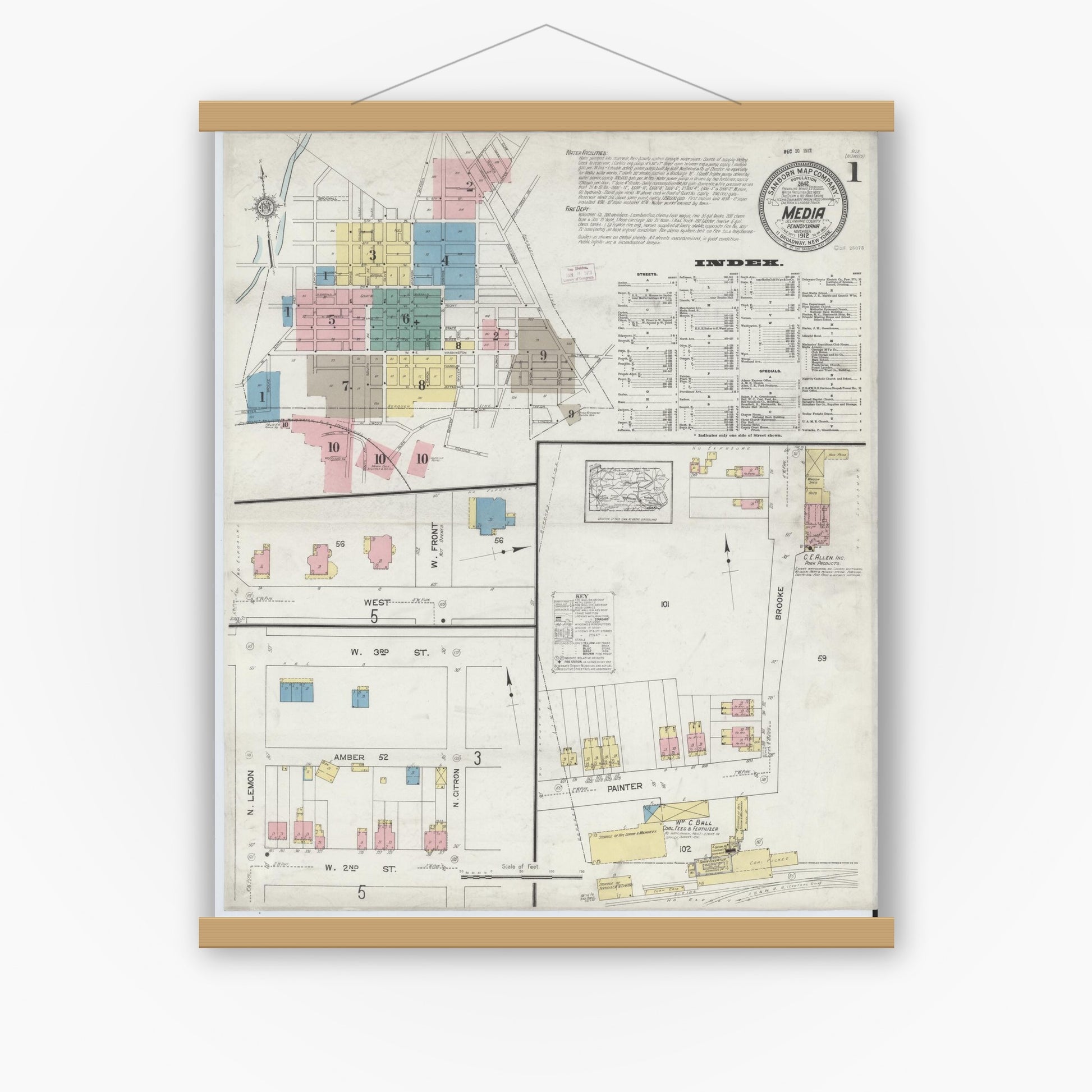 Old map wall art mockup — magnetic wood frame on white wall — Sanborn Fire Insurance Map from Media, Delaware County, Pennsylvania (1912) - Complete Map Set