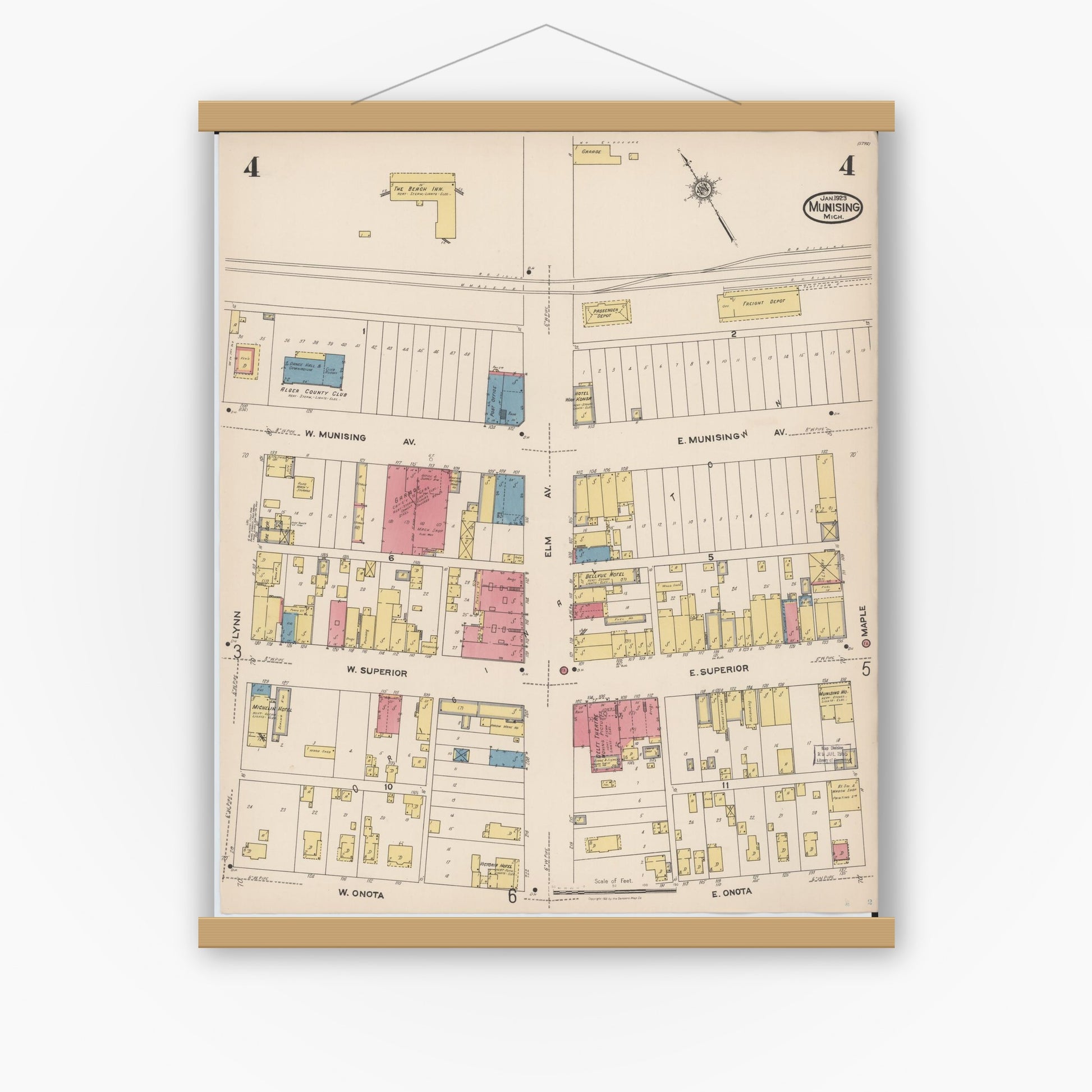 Old map wall art mockup — magnetic wood frame on white wall — Sanborn Fire Insurance Map from Munising, Alger County, Michigan (1923), Sheet #0004