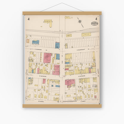 Old map wall art mockup — magnetic wood frame on white wall — Sanborn Fire Insurance Map from Munising, Alger County, Michigan (1923), Sheet #0004