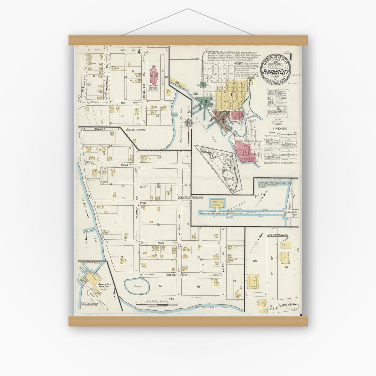 Old map wall art mockup — magnetic wood frame on white wall — Sanborn Fire Insurance Map from Panama City, Bay County, Florida (1917) - Complete Map Set