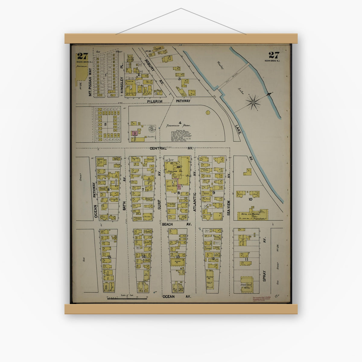 Old map wall art mockup — magnetic wood frame on white wall — Sanborn Fire Insurance Map from New Jersey Coast, New Jersey Coast, New Jersey (1890), Sheet #0027