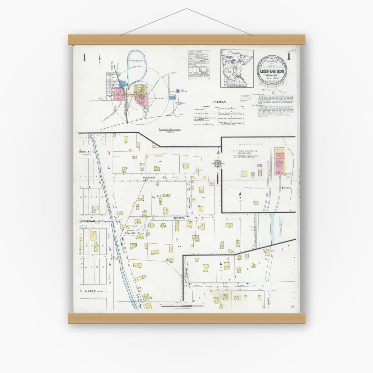 Old map wall art mockup — magnetic wood frame on white wall — Sanborn Fire Insurance Map from Mountain Iron, Saint Louis County, Minnesota (1928), Sheet #0001