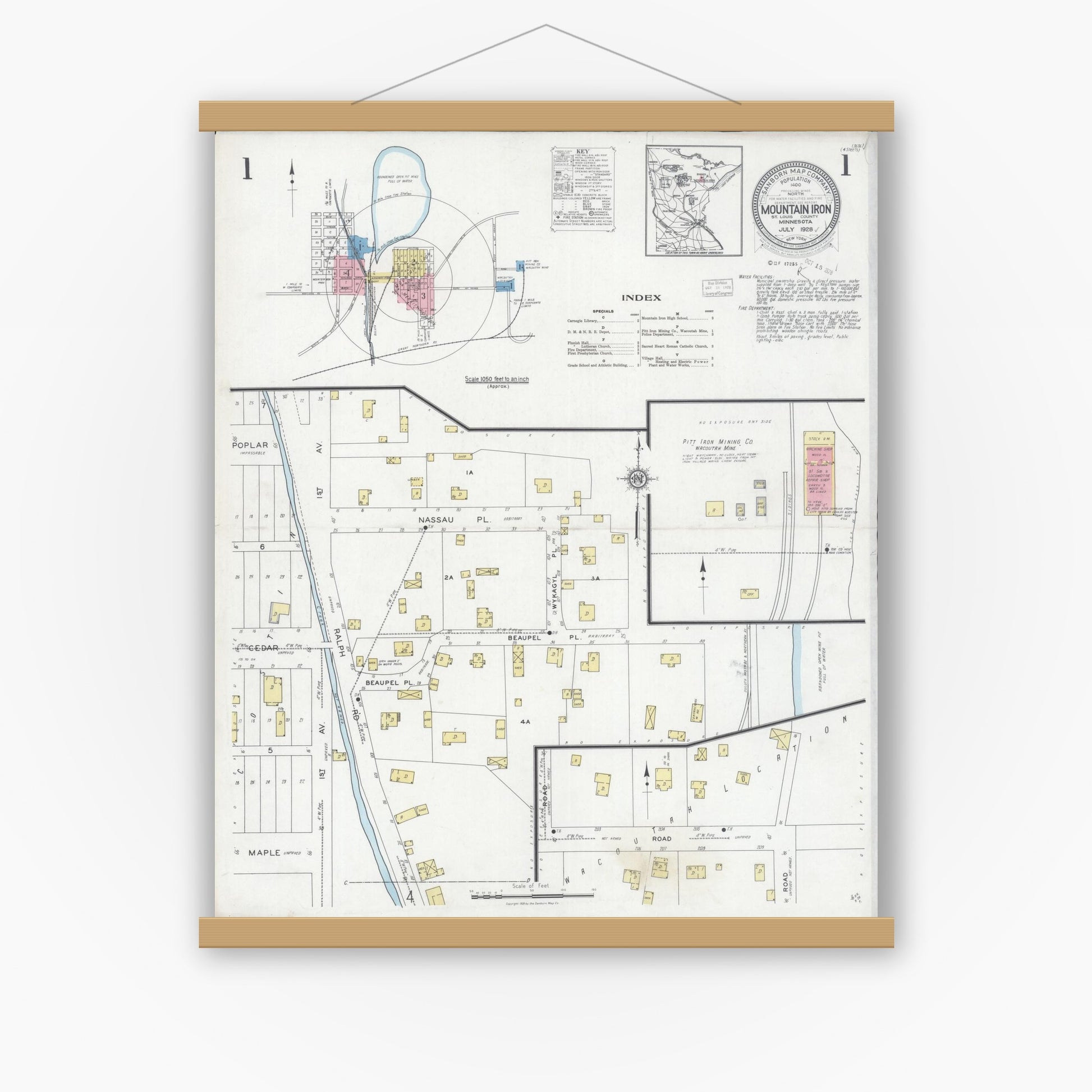 Old map wall art mockup — magnetic wood frame on white wall — Sanborn Fire Insurance Map from Mountain Iron, Saint Louis County, Minnesota (1928), Sheet #0001