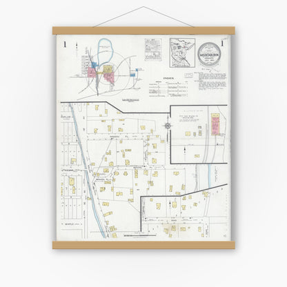 Old map wall art mockup — magnetic wood frame on white wall — Sanborn Fire Insurance Map from Mountain Iron, Saint Louis County, Minnesota (1928), Sheet #0001