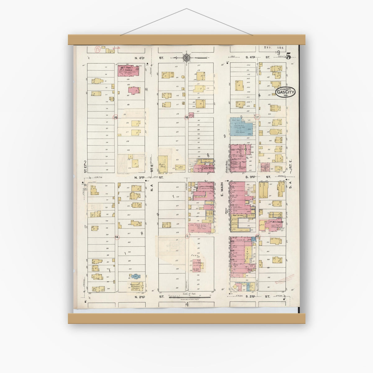 Old map wall art mockup — magnetic wood frame on white wall — Sanborn Fire Insurance Map from Gas City, Grant County, Indiana (1932), Sheet #0005
