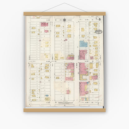 Old map wall art mockup — magnetic wood frame on white wall — Sanborn Fire Insurance Map from Gas City, Grant County, Indiana (1932), Sheet #0005