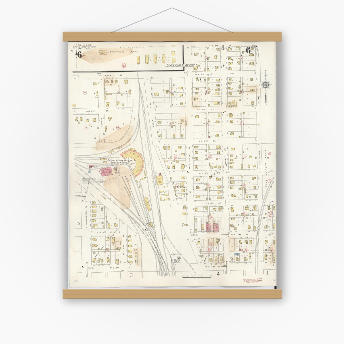 Old map wall art mockup — magnetic wood frame on white wall — Sanborn Fire Insurance Map from Eagle Grove, Wright County, Iowa (1941), Sheet #0006