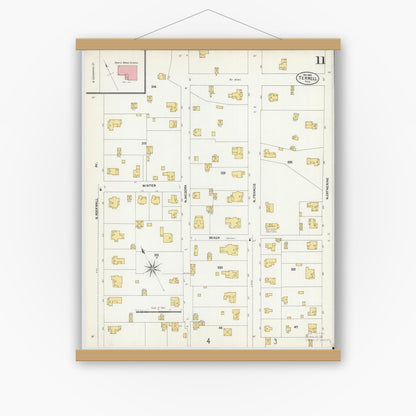 Old map wall art mockup — magnetic wood frame on white wall — Sanborn Fire Insurance Map from Terrell, Kaufman County, Texas (1902), Sheet #0011