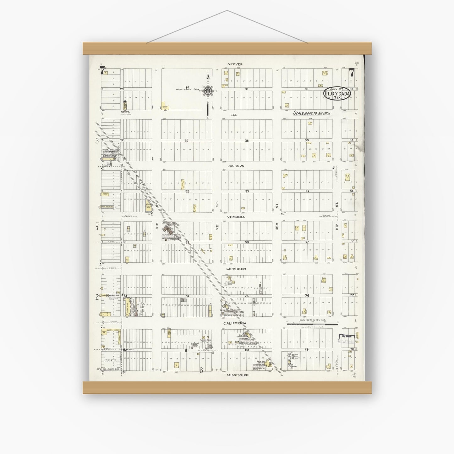 Old map wall art mockup — magnetic wood frame on white wall — Sanborn Fire Insurance Map from Floydada, Floyd County, Texas (1925), Sheet #0007
