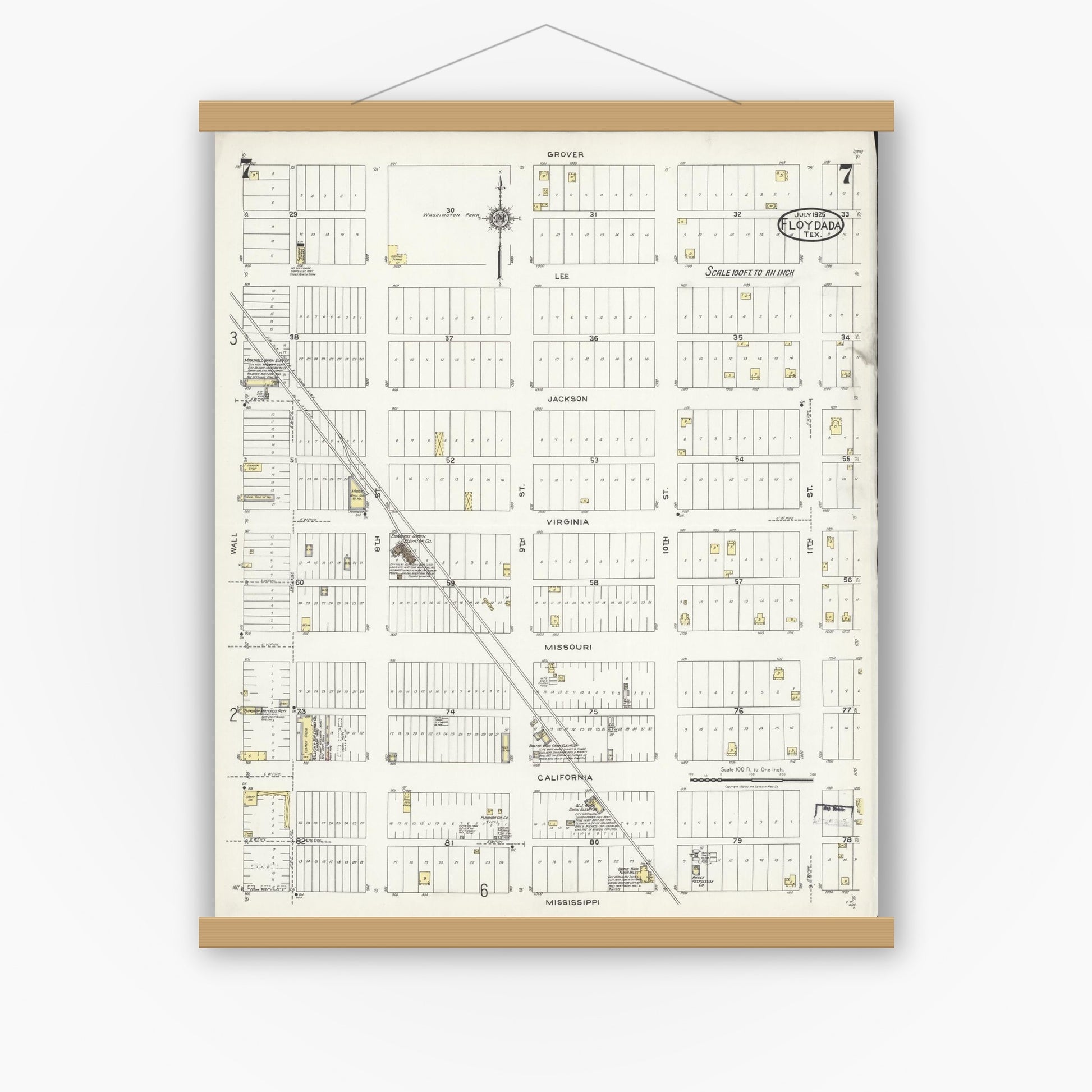 Old map wall art mockup — magnetic wood frame on white wall — Sanborn Fire Insurance Map from Floydada, Floyd County, Texas (1925), Sheet #0007