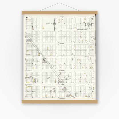 Old map wall art mockup — magnetic wood frame on white wall — Sanborn Fire Insurance Map from Floydada, Floyd County, Texas (1925), Sheet #0007