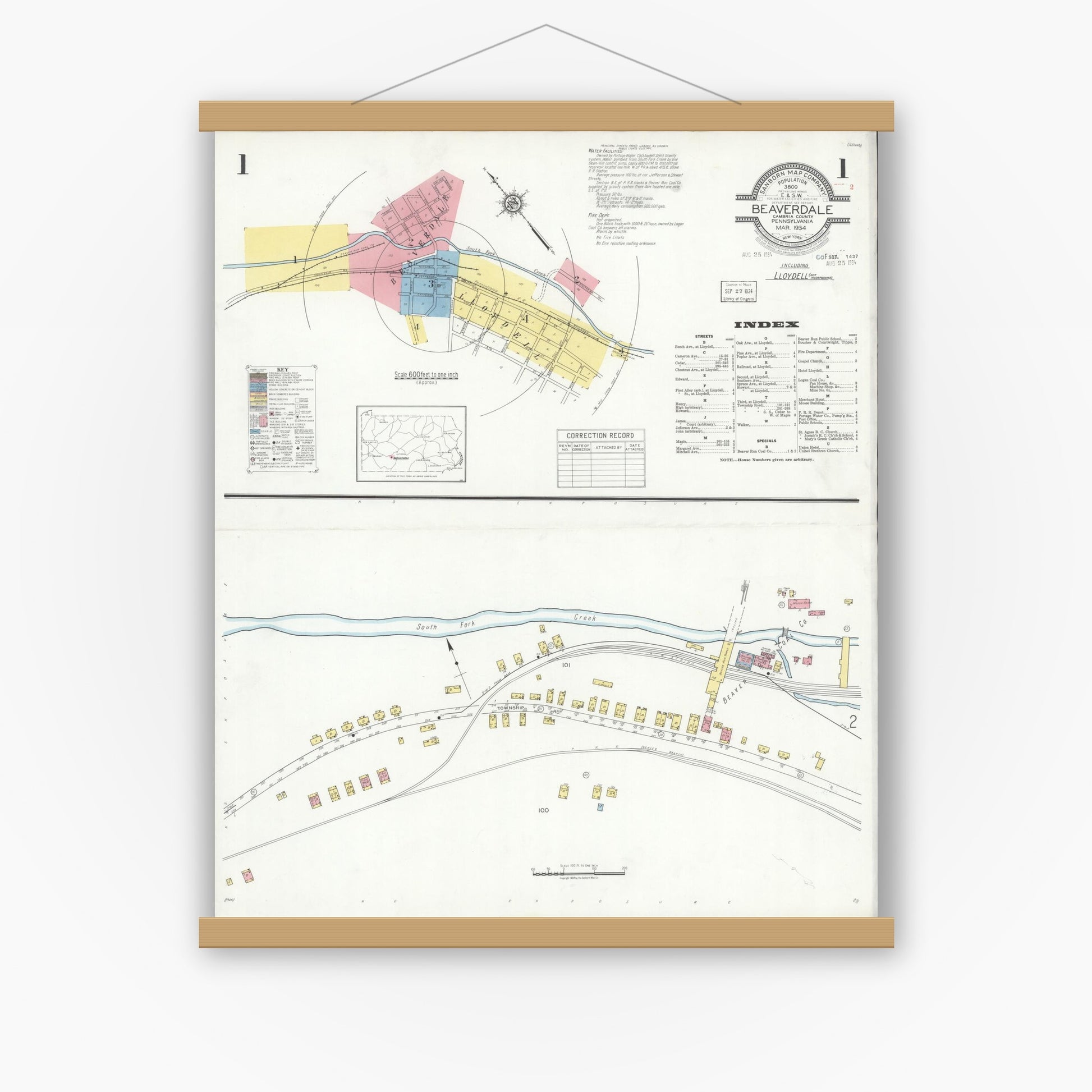 Old map wall art mockup — magnetic wood frame on white wall — Sanborn Fire Insurance Map from Beaverdale, Cambria County, Pennsylvania (1934), Sheet #0001