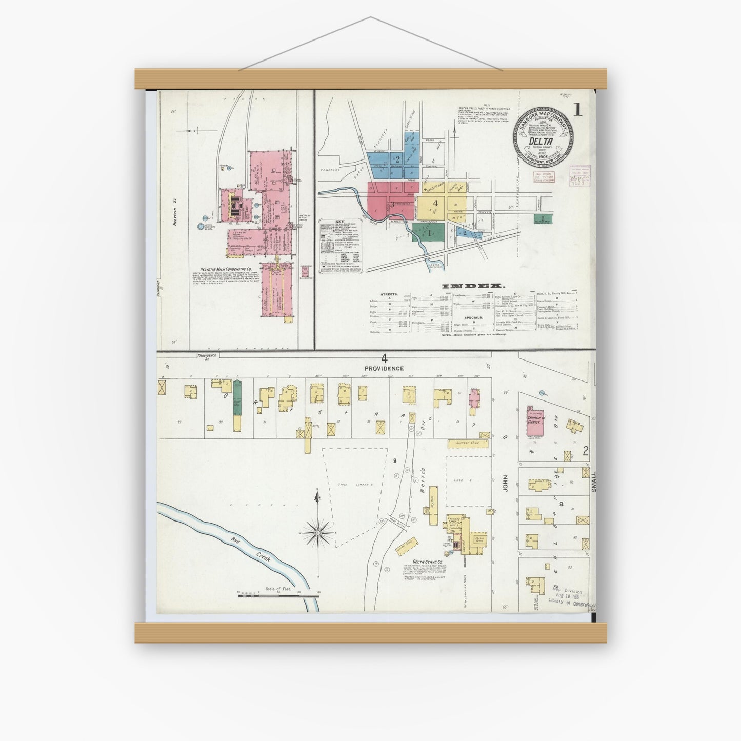 Old map wall art mockup — magnetic wood frame on white wall — Sanborn Fire Insurance Map from Delta, Fulton County, Ohio (1905) - Complete Map Set
