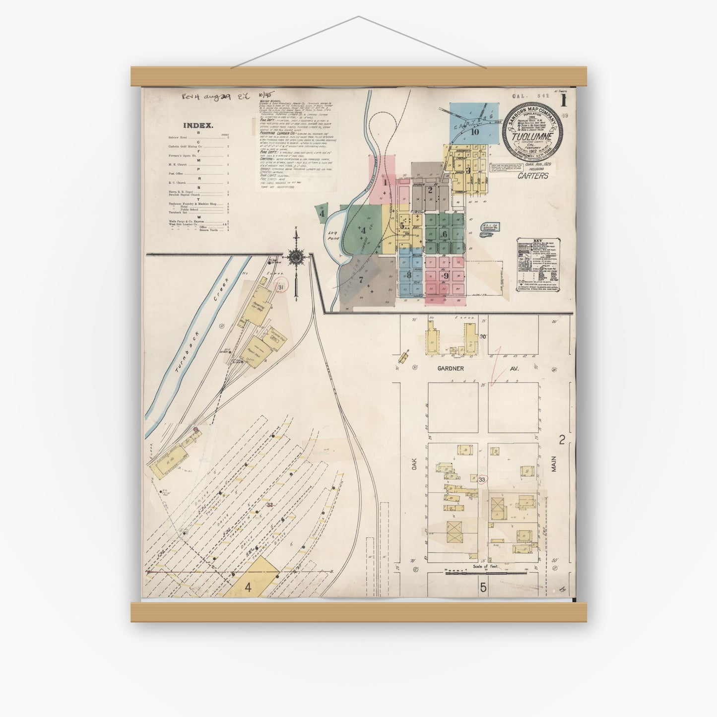 Old map wall art mockup — magnetic wood frame on white wall — Sanborn Fire Insurance Map from Tuolumne, Tuolumne County, California (1929) - Complete Map Set