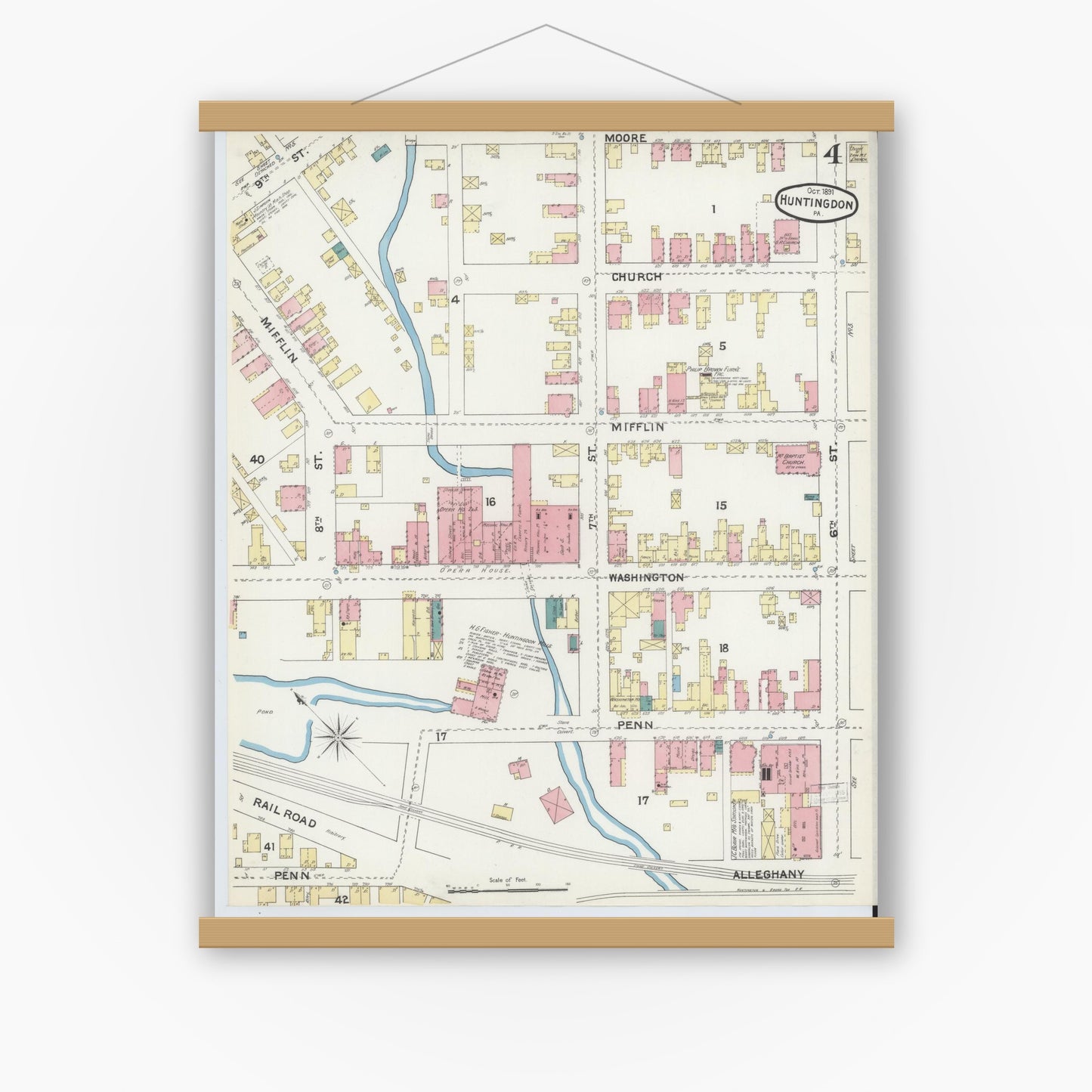 Old map wall art mockup — magnetic wood frame on white wall — Sanborn Fire Insurance Map from Huntingdon, Huntingdon County, Pennsylvania (1891), Sheet #0004