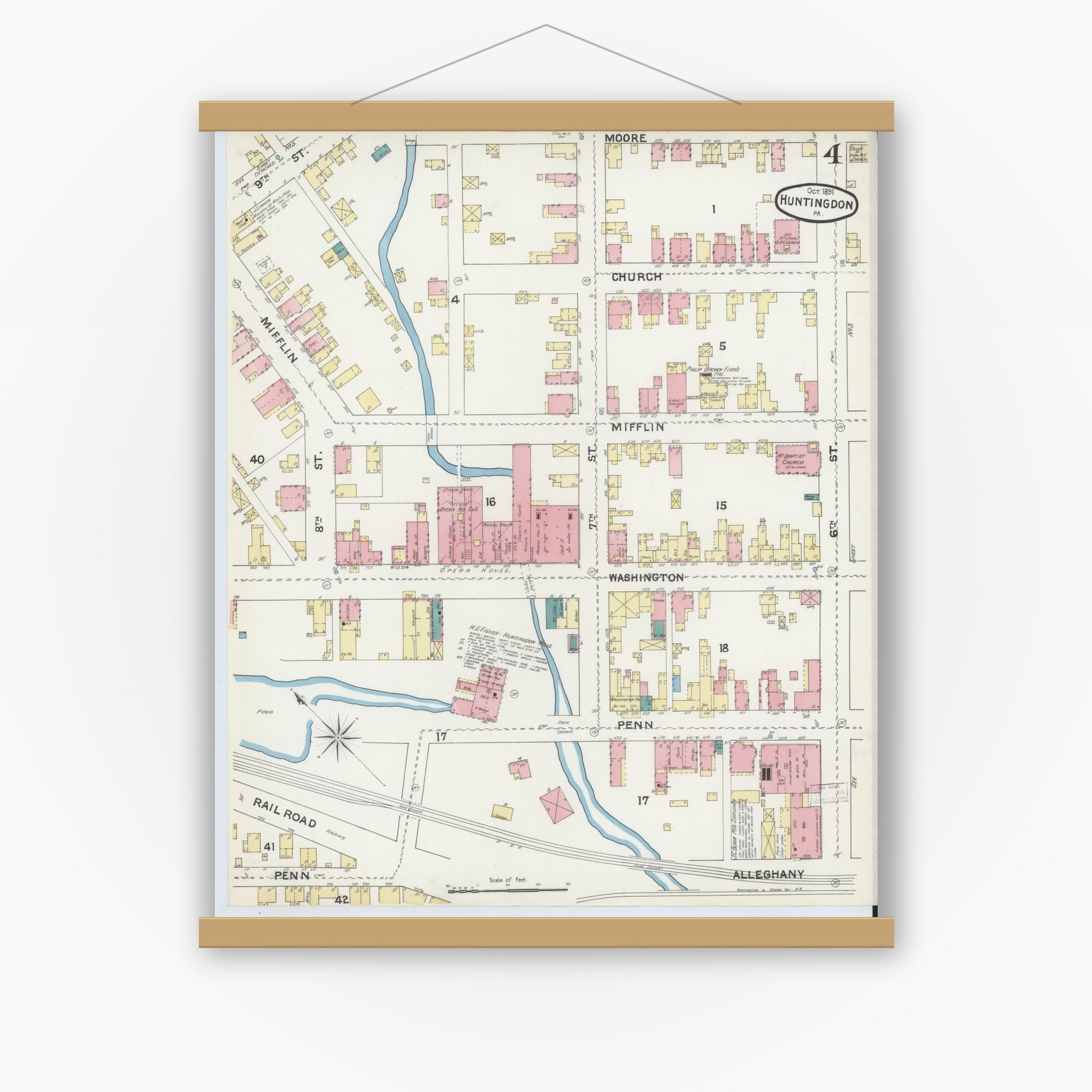 Old map wall art mockup — magnetic wood frame on white wall — Sanborn Fire Insurance Map from Huntingdon, Huntingdon County, Pennsylvania (1891), Sheet #0004