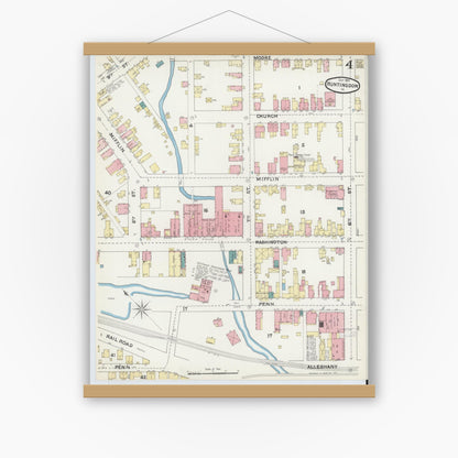 Old map wall art mockup — magnetic wood frame on white wall — Sanborn Fire Insurance Map from Huntingdon, Huntingdon County, Pennsylvania (1891), Sheet #0004
