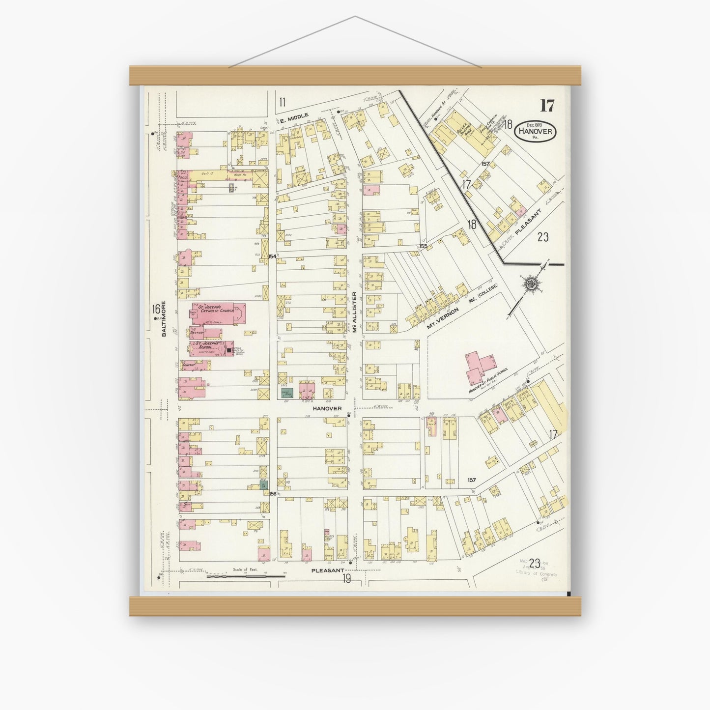 Old map wall art mockup — magnetic wood frame on white wall — Sanborn Fire Insurance Map from Hanover, York County, Pennsylvania (1909), Sheet #0017
