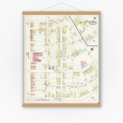 Old map wall art mockup — magnetic wood frame on white wall — Sanborn Fire Insurance Map from Hanover, York County, Pennsylvania (1909), Sheet #0017