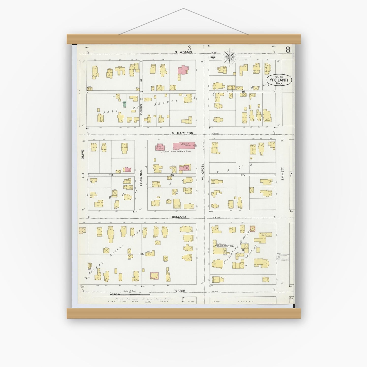 Old map wall art mockup — magnetic wood frame on white wall — Sanborn Fire Insurance Map from Ypsilanti, Washtenaw County, Michigan (1899), Sheet #0008