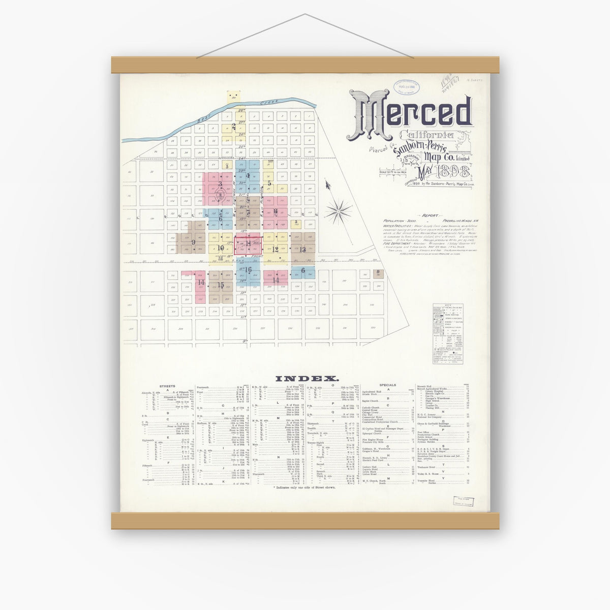 Old map wall art mockup — magnetic wood frame on white wall — Sanborn Fire Insurance Map from Merced, Merced County, California (1898) - Complete Map Set