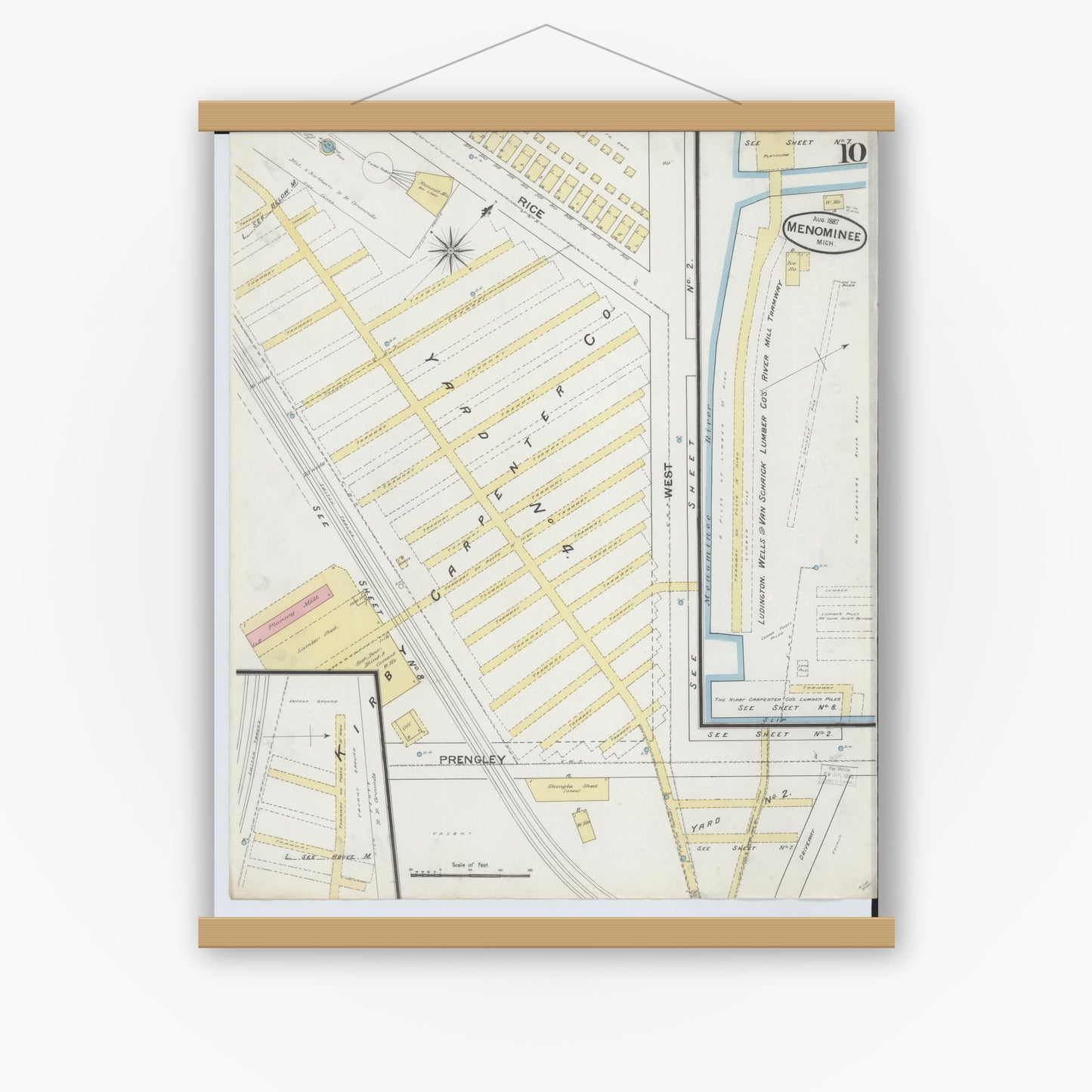 Old map wall art mockup — magnetic wood frame on white wall — Sanborn Fire Insurance Map from Menominee, Menominee County, Michigan (1887), Sheet #0010